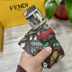 图片包装＋10 Fendi 芬迪 专柜同款 宽4.0Cm 双环正反两面用腰带 Ff按钉搭扣 红色Cuoio Romano皮革材质 反面棕色Ff帆布 饰有拼色Fe