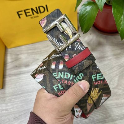 图片包装＋10 Fendi 芬迪 专柜同款 宽4.0Cm 双环正反两面用腰带 Ff按钉搭扣 红色Cuoio Romano皮革材质 反面棕色Ff帆布 饰有拼色Fe