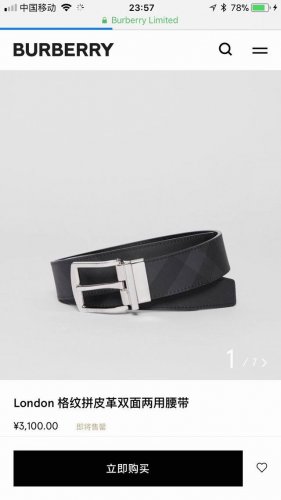 特P170 Burberry (巴宝莉) 专柜同款 碳灰格纹拼皮双面用腰带 宽3.5Cm 旋转五金扣环镌刻 Burberry 字母徽标 原单品质