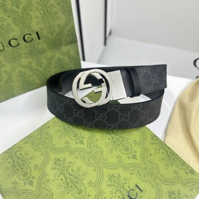 特 Gucci 473030 Kgdhhn 黑灰supreme Pvc老花 小牛皮黑底 宽度3.7Cm 圆双g旋转扣 双面可用 可裁剪
