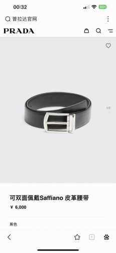 特 Prada 普拉达 专柜同款 男士双面用腰带 宽3.4Cm 带身采用一面saffiano黑色牛皮另一面黑色光滑牛皮 搭配简约旋转亮白针扣，承载着品牌象征性的