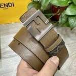 图片包装＋10 Fendi 芬迪 专柜同款 宽4.0Cm 双环正反用腰带 Ff按钉搭扣 咖啡色Cuoio Romano皮革材质 反面面料带有烟草黄和黑色Ff图案