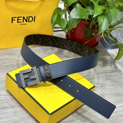 Fendi 芬迪 专柜同款 宽4.0Cm 双环正反用腰带 Ff按钉搭扣 兰色Cuoio Romano皮革材质 反面面料带有烟草黄和黑色Ff图案 四方金属饰面 时