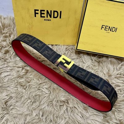 Fendi 芬迪 全套包装 专柜同款 宽4.0Cm 双环正反用腰带 Ff按钉搭扣 黑色Cuoio Romano皮革材质 反面面料带有烟草黄和黑色Ff图案 四方金