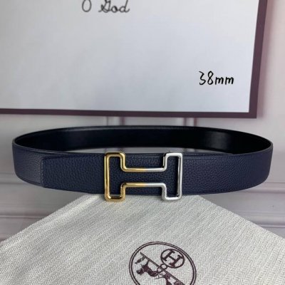 HermèS爱马仕 双头尖 双面原版 原单品质 进口头层牛皮 深蓝色荔枝纹搭配黑色平纹 寸半38Mm 配官网H 金银间色纯钢扣