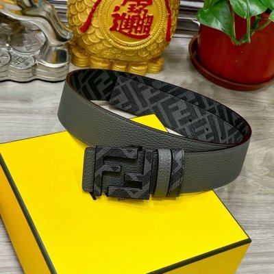 特P170 Fendi（芬迪）专柜同款 宽4.0Cm 双环正反用腰带 Ff按钉搭扣 Cuoio Romano皮革材质 反面面料带有烟草黄和黑色Ff图案 金属饰面
