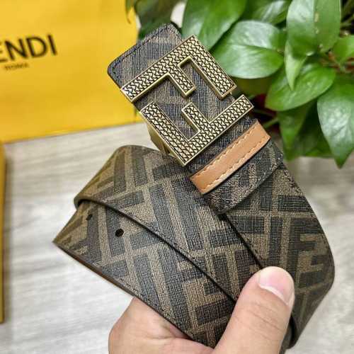 图片包装＋10 Fendi 芬迪 专柜同款 宽4.0Cm 双环正反用腰带 Ff按钉搭扣 土黄色Cuoio Romano皮革材质 反面面料带有烟草黄和黑色Ff图案