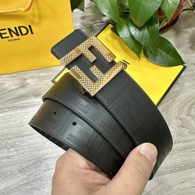 图片包装＋10 Fendi 芬迪 专柜同款 宽4.0Cm 双环正反用腰带 Ff按钉搭扣 黑色Cuoio Romano皮革材质 反面面料带有烟草黄和黑色Ff图案