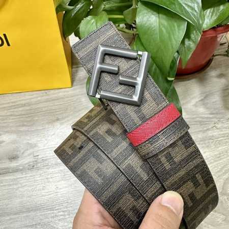 图片包装＋10 Fendi 芬迪 专柜同款 宽4.0Cm 双环正反用腰带 Ff按钉搭扣 红色Cuoio Romano皮革材质 反面面料带有烟草黄和黑色Ff图案 - 点击图像关闭
