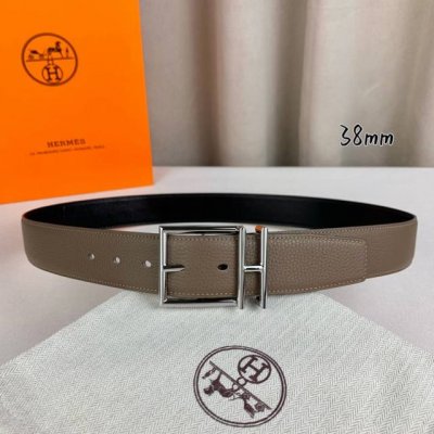 HermèS 爱马仕针扣 原单品质 进口头层牛皮 灰色荔枝纹搭配黑色平纹 38Mm宽 双面可用 配官网H亮银 亮金扣