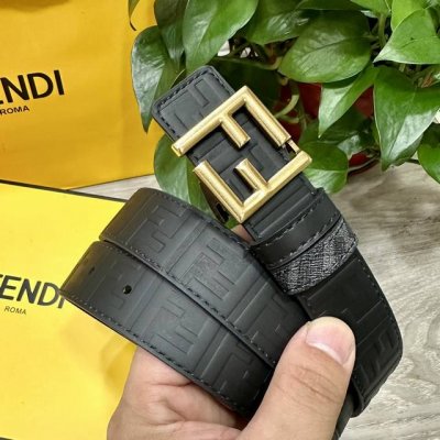 图片包装＋10 Fendi 芬迪 专柜同款 宽3.0Cm 双环正反用腰带 Ff按钉搭扣 黑色Cuoio Romano皮革材质 反面面料带有烟草灰和黑色Ff图案