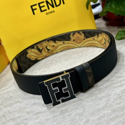 图片包装＋10 Fendi 芬迪 专柜同款 宽4.0Cm 双环正反用腰带 Ff按钉搭扣 黑色Cuoio Romano皮革材质 反面面料带有烟草黄和黑色Ff图案