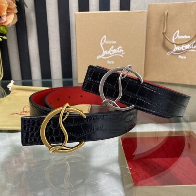 特 3.5宽christian Louboutin 男士ricky标志性徽标搭扣黑色腰带红色底，双面牛皮。