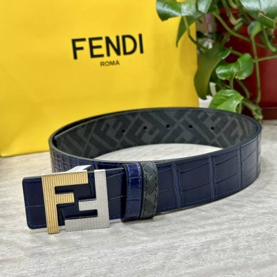 p200 Fendi（芬迪）专柜同款 宽4.0Cm 双环正反用腰带 Ff按钉搭扣 兰色Cuoio Romano皮革材质 反面面料带有烟草黄和黑色Ff图案 四方金