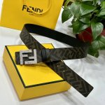 Fendi 芬迪 专柜同款 宽4.0Cm 双环正反用腰带 Ff按钉搭扣 黑色Cuoio Romano皮革材质 反面面料带有烟草黄和黑色Ff图案 四方金属饰面 时