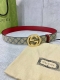 宽度4.0Cm Gucci 双面腰带，一侧为gg Supreme帆布，反面一侧为枣红色头层小牛皮。配以互扣式双g压砂钢扣采用真空电镀 厚度6.0Mm