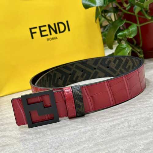 p200 Fendi（芬迪）专柜同款 宽4.0Cm 双环正反用腰带 Ff按钉搭扣 红色Cuoio Romano皮革材质 反面面料带有烟草黄和黑色Ff图案 四方金