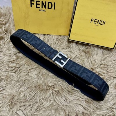 Fendi 芬迪 全套包装 专柜同款 宽4.0Cm 双环正反用腰带 Ff按钉搭扣 黑色Cuoio Romano皮革材质 反面面料带有烟草黄和黑色Ff图案 四方金