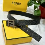 Fendi 芬迪 专柜同款 宽4.0Cm 双环正反用腰带 Ff按钉搭扣 黑色Cuoio Romano皮革材质 反面面料带有烟草黄和黑色Ff图案 四方金属饰面 时