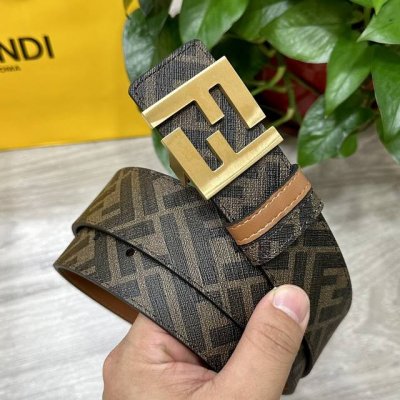 图片包装＋10 Fendi 芬迪 专柜同款 宽4.0Cm 双环正反用腰带 Ff按钉搭扣 土黄色Cuoio Romano皮革材质 反面面料带有烟草黄和黑色Ff图案