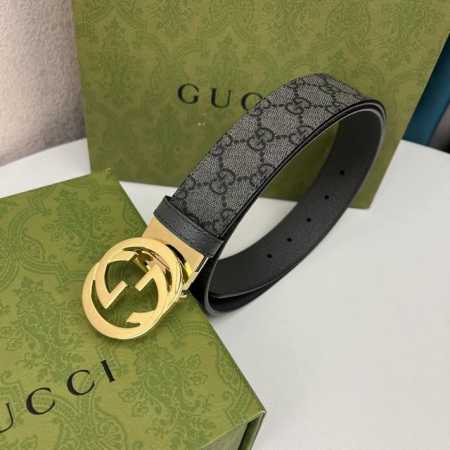 G U C C I 頂級品质 寬度3.7Cm一面專用訂製灰色帆布面料 衬托原厂猪皮纹灰色底 全新開模旋轉精密電鍍搭扣 对版专柜 - 点击图像关闭