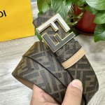 图片包装＋10 Fendi 芬迪 专柜同款 宽4.0Cm 双环正反用腰带 Ff按钉搭扣 土黄色Cuoio Romano皮革材质 反面面料带有烟草黄和黑色Ff图案