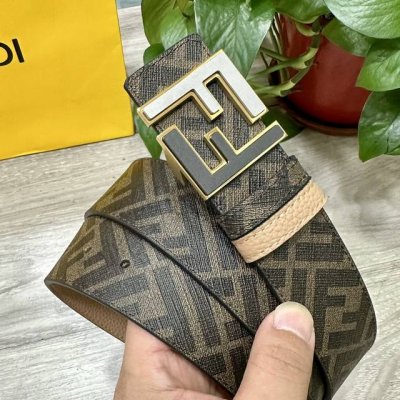 图片包装＋10 Fendi 芬迪 专柜同款 宽4.0Cm 双环正反用腰带 Ff按钉搭扣 土黄色Cuoio Romano皮革材质 反面面料带有烟草黄和黑色Ff图案