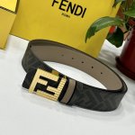 Fendi 芬迪 专柜同款 双环正反用腰带 Ff按钉搭扣 棕色cuoio Romano皮革材质 反面面料带有烟草黄和黑色ff图案 黑色珐琅金属饰面 时尚经典 百