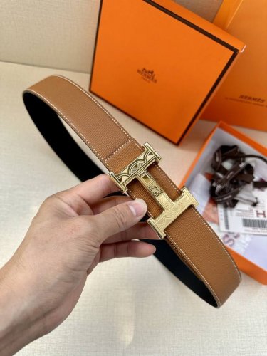 特 爱马仕Hermes男士腰带 进口手掌小牛皮白线精钢精品五金 双面可用 宽3.8Cm