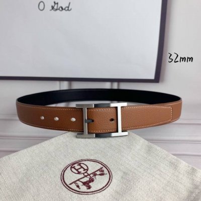 HermèS 爱马仕针扣 原单品质 头层牛皮 土黄色荔枝纹搭配黑色平纹 32Mm宽 双面可用 配官网H黑间银扣