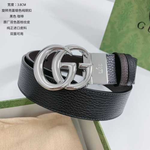 特 古奇 顶级货 宽度3.7Cm 双面进口全粒面荔纹小牛皮，黑色搭配咖啡，全粒面皮料越用皮面越发光亮，性价比十足。 扣头：纯铜旋转扣