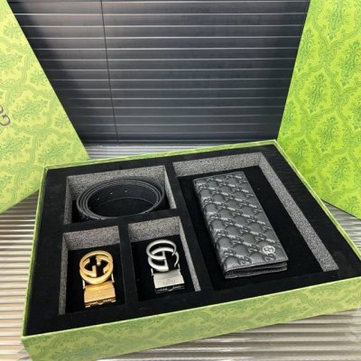 Gucci 古奇 双扣腰带 西服夹钱包套盒 男士精品百搭款 优质合金扣头 高品质 全套包装 礼盒