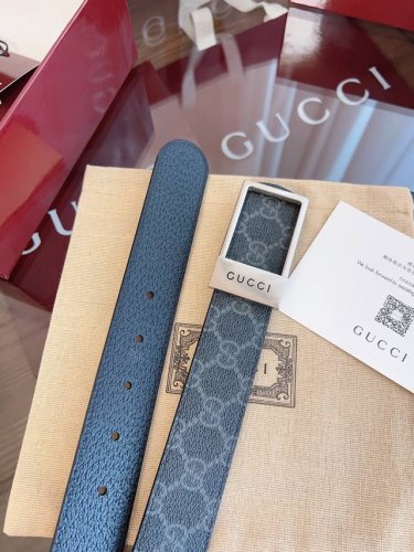 Gucci.古驰 全套包装 绝美Gucci 方扣男士新款腰帶 專櫃同步 寬3.5厘米 帶身帆布灰老花-拼進口猪皮紋黑色 精緻真空電鍍方型鋼扣 雙面可用