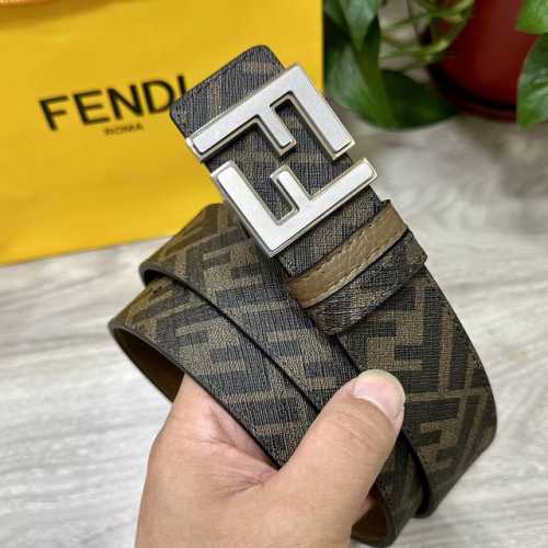 图片包装＋10 Fendi 芬迪 专柜同款 宽4.0Cm 双环正反用腰带 Ff按钉搭扣 咖啡色Cuoio Romano皮革材质 反面面料带有烟草黄和黑色Ff图案