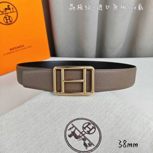 Hermè 爱马仕 双头尖 双面原版 原单品质 进口头层牛皮 灰色荔枝纹搭配黑色平纹 寸半38Mm 配官网H精钢金 银扣