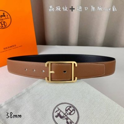 HermèS 爱马仕针扣 原单品质 进口头层牛皮 土黄色荔枝纹搭配进口原版Box黑色平纹底 38Mm宽 双面可用 配官网H亮银 亮金扣