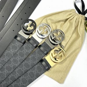 特 Gucci 473030 KGDHHN 黑灰Supreme PVC老花 小牛皮黑底 宽度3.7cm 圆双G旋转扣 双面可用 可裁剪