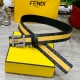 fendi 芬迪 专柜同款 宽4.0Cm 双环正反用腰带 Ff按钉搭扣 黑色Cuoio Romano皮革材质 反面面料带有烟草黄和黑色Ff图案 四方满钻金属饰面