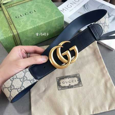 今年最时尚蓝系列 Gucci小牛皮拼接Gg Supreme 老花帆布，对版3孔调节，横标Logo编号:400593 92Tlt宽4.0Cm 复古Gg扣 - 点击图像关闭