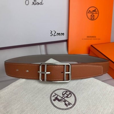 HermèS 爱马仕针扣皮带 原单品质 双面荔枝纹 土黄+灰 32Mm宽 双面可用 配官网经典方形亮金 亮银 亚枪扣