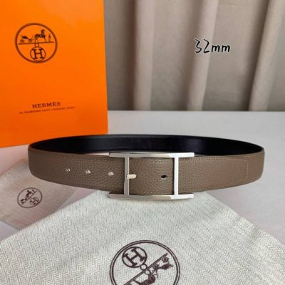 HermèS 爱马仕针扣 原单品质 进口头层牛皮 灰色荔枝纹搭配黑色平纹 32Mm宽 双面可用 配官网H亮金 亮银扣