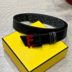 Fendi 芬迪 专柜同款 宽4.0Cm 双环正反用腰带 Ff按钉搭扣 黑色Cuoio Romano皮革材质 反面面料带有烟草黄和黑色Ff图案 四方满钻金属饰面