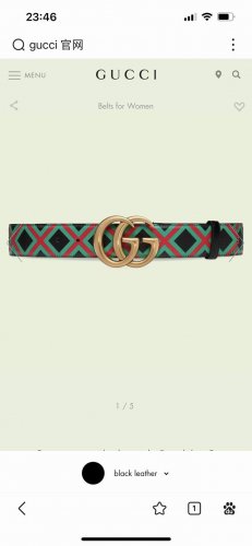 特 古奇，宽4.0Cm， 新款 经典双g标识是gucci系列产品的标志性象征，这一设计元素与富有趣味感的十字交叉印花匠心呈现在这款黑色皮革腰带上。红绿配色呈现品
