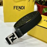 图片包装 Fendi 芬迪 专柜同款 宽4.0Cm 双环正反用腰带 Ff按钉搭扣 黑色Cuoio Romano皮革材质 反面面料带有烟草黄和黑色Ff图案 四方金