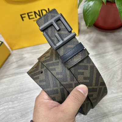 图片包装＋10 Fendi 芬迪 专柜同款 宽4.0Cm 双环正反用腰带 Ff按钉搭扣 深兰色Cuoio Romano皮革材质 反面面料带有烟草黄和黑色Ff图案
