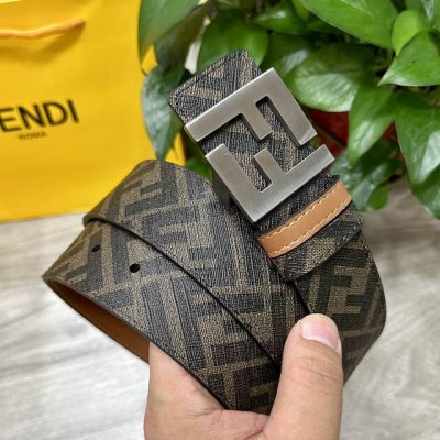 图片包装＋10 Fendi 芬迪 专柜同款 宽4.0Cm 双环正反用腰带 Ff按钉搭扣 土黄色Cuoio Romano皮革材质 反面面料带有烟草黄和黑色Ff图案