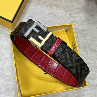 图片包装＋10 Fendi 芬迪 专柜同款 宽4.0Cm 双环正反用腰带 Ff按钉搭扣 红色Cuoio Romano皮革材质 反面面料带有烟草黄和黑色Ff图案