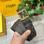 Fendi 芬迪 专柜同款 宽4.0Cm 双环正反用腰带 Ff按钉搭扣 黑色Cuoio Romano皮革材质 反面面料带有烟草黄和黑色Ff图案 四方金属饰面 时