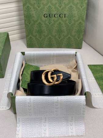 Gg Marmont系列窄版腰带黑色皮革 金色调配件 双G 宽度：3.0厘米 - 点击图像关闭