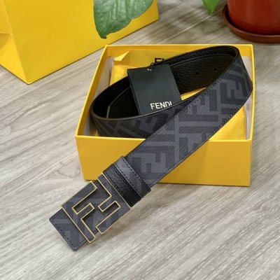 Fendi 芬迪 专柜同款 宽4.0Cm 双环正反用腰带 Ff按钉搭扣 黑色cuoio Romano皮革材质 反面面料带有烟草灰和黑色ff图案 黑色珐琅金属饰面